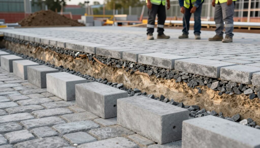A detailed layer of a construction site showcasing the foundational structure beneath a cobblestone driveway. In the foreground, neatly placed gray concrete blocks, demonstrating various thicknesses (6 cm and 8 cm), are arranged in a pattern. The middle ground features a cross-section of the subgrade layer, illustrating the gravel and sand beneath, highlighted by soft natural lighting that suggests an early morning ambiance. In the background, a blurred image of workers in professional work attire is seen, discussing the project, emphasizing teamwork and expertise. The overall atmosphere conveys a sense of professionalism and attention to detail, highlighting the importance of proper subgrade preparation for a stable cobblestone surface. The angle of the shot is slightly elevated, providing a comprehensive view of the layers involved in the pavement structure. A detailed layer of a construction site showcasing the foundational structure beneath a cobblestone driveway. In the foreground, neatly placed gray concrete blocks, demonstrating various thicknesses (6 cm and 8 cm), are arranged in a pattern. The middle ground features a cross-section of the subgrade layer, illustrating the gravel and sand beneath, highlighted by soft natural lighting that suggests an early morning ambiance. In the background, a blurred image of workers in professional work attire is seen, discussing the project, emphasizing teamwork and expertise. The overall atmosphere conveys a sense of professionalism and attention to detail, highlighting the importance of proper subgrade preparation for a stable cobblestone surface. The angle of the shot is slightly elevated, providing a comprehensive view of the layers involved in the pavement structure.