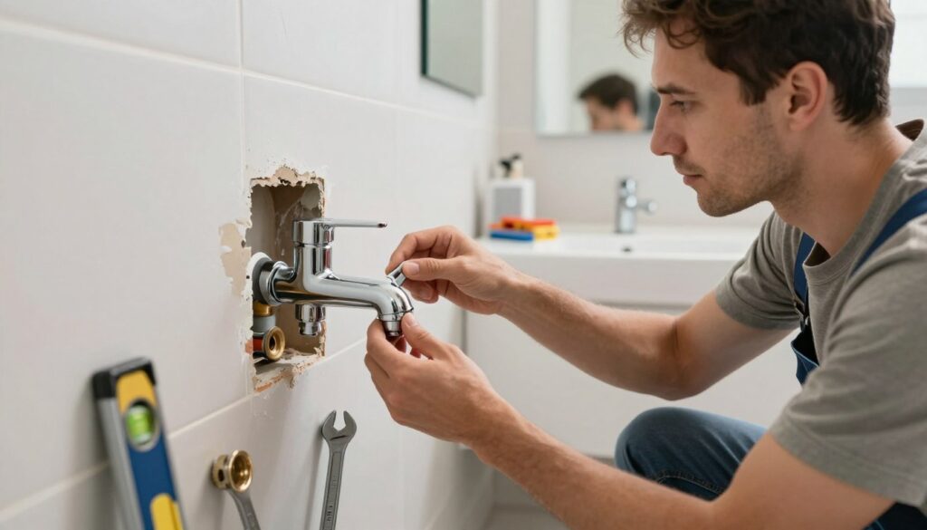A detailed scene showcasing the installation of a wall-mounted bathroom faucet. In the foreground, a professional plumber, dressed in modest casual attire, is carefully positioning the faucet's body into the wall cavity, surrounded by various plumbing tools like a wrench and a level. The middle ground features the partially finished wall, with pipes and connectors visible, illustrating the installation process. In the background, a well-lit, modern bathroom setting emphasizes cleanliness and organization, with tiles and a mirror reflecting the work area. Soft, natural lighting highlights the plumber’s focused expression, conveying a sense of professionalism and expertise, while creating a mood of diligence and precision in plumbing installation. A detailed scene showcasing the installation of a wall-mounted bathroom faucet. In the foreground, a professional plumber, dressed in modest casual attire, is carefully positioning the faucet's body into the wall cavity, surrounded by various plumbing tools like a wrench and a level. The middle ground features the partially finished wall, with pipes and connectors visible, illustrating the installation process. In the background, a well-lit, modern bathroom setting emphasizes cleanliness and organization, with tiles and a mirror reflecting the work area. Soft, natural lighting highlights the plumber’s focused expression, conveying a sense of professionalism and expertise, while creating a mood of diligence and precision in plumbing installation.