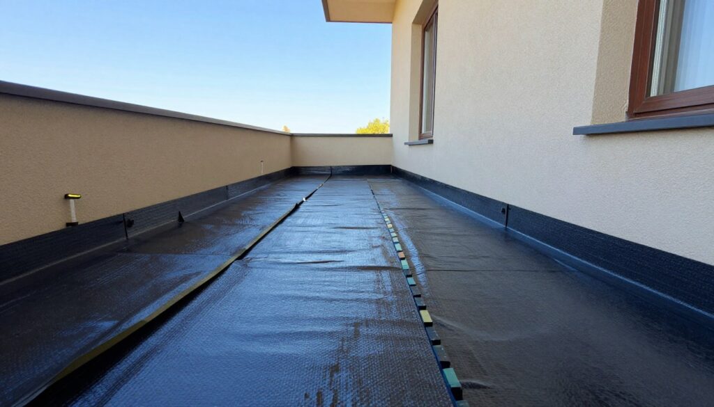 A detailed view of a balcony with a well-implemented hydroizolacja (waterproofing) system. In the foreground, showcase layers of waterproof membranes and drainage materials, emphasizing their textures and colors. The middle ground features a sloped balcony surface directing water towards discreet drainage outlets, illustrating effective water management. The background highlights a residential building with a clear blue sky, casting soft, natural light over the scene, creating a calm and functional atmosphere. The shot is taken from a low angle to emphasize the balcony structure and its protective features. The scene conveys professionalism and attention to detail, suitable for an informative article on balcony water drainage solutions. A detailed view of a balcony with a well-implemented hydroizolacja (waterproofing) system. In the foreground, showcase layers of waterproof membranes and drainage materials, emphasizing their textures and colors. The middle ground features a sloped balcony surface directing water towards discreet drainage outlets, illustrating effective water management. The background highlights a residential building with a clear blue sky, casting soft, natural light over the scene, creating a calm and functional atmosphere. The shot is taken from a low angle to emphasize the balcony structure and its protective features. The scene conveys professionalism and attention to detail, suitable for an informative article on balcony water drainage solutions.