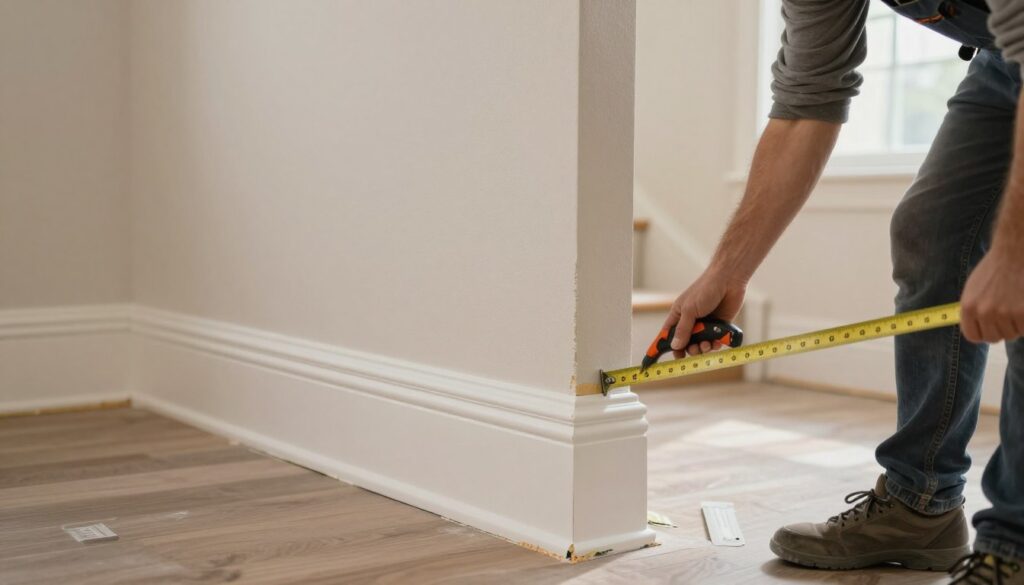 A detailed view of a professional installation of PVC baseboards in an interior setting, focusing on corners and stair transitions. In the foreground, showcase an installer in modest casual clothing, measuring and cutting the baseboards with precision tools. The middle layer should depict the baseboards securely attached to the wall, highlighting the seamless connections in the corners and at the base of the stairs. The background features a well-lit room with neutral-colored walls and a polished floor, emphasizing a clean and organized workspace. Use natural light filtering through a window to create a warm, inviting atmosphere, while maintaining a clear, focused perspective on the installation process. The angle should capture both the intricate details of the baseboard and the professional execution of the installation. A detailed view of a professional installation of PVC baseboards in an interior setting, focusing on corners and stair transitions. In the foreground, showcase an installer in modest casual clothing, measuring and cutting the baseboards with precision tools. The middle layer should depict the baseboards securely attached to the wall, highlighting the seamless connections in the corners and at the base of the stairs. The background features a well-lit room with neutral-colored walls and a polished floor, emphasizing a clean and organized workspace. Use natural light filtering through a window to create a warm, inviting atmosphere, while maintaining a clear, focused perspective on the installation process. The angle should capture both the intricate details of the baseboard and the professional execution of the installation.