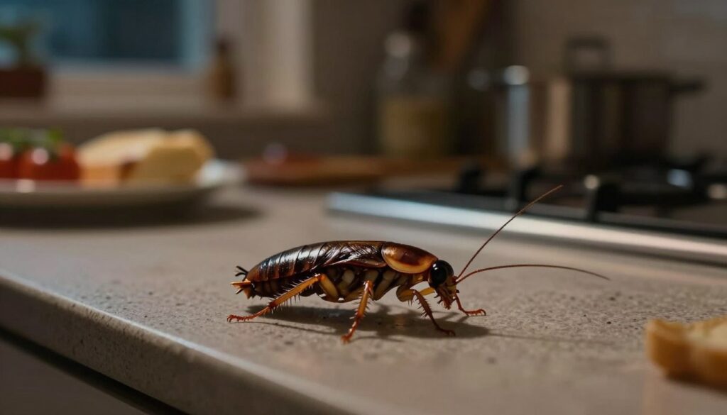A dimly lit kitchen setting at night, showcasing a close-up of a cockroach crawling on a countertop, emphasizing its shiny, segmented body and long antennae. In the background, blurred details of food items and kitchen utensils create a sense of an unkempt environment, highlighting the potential health threats posed by these pests. The lighting should cast subtle shadows that enhance the eerie atmosphere, creating a feeling of discomfort. A faint glow emanates from a nearby window, suggesting a cityscape at night outside, while the focus remains on the insect. The overall mood is unsettling, evoking a sense of urgency about household hygiene and pest control. No text or human figures are included in the composition.