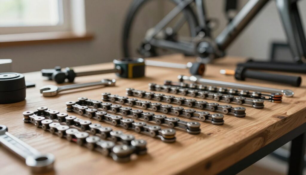 A dynamic composition featuring a close-up view of various bicycle chains neatly arranged on a wooden workbench. In the foreground, focus on chains from different reputable manufacturers, highlighting their unique designs and materials, with one chain slightly elevated for emphasis. The middle layer shows tools like a chain checker and wrenches scattered around, symbolizing technical compatibility checks. In the background, a blurred bike frame leans against a wall, suggesting the application of the components. Soft, natural lighting filters through a nearby window, creating a warm and engaging atmosphere. The overall mood conveys professionalism and efficiency, with a hint of excitement for cycling enthusiasts. A dynamic composition featuring a close-up view of various bicycle chains neatly arranged on a wooden workbench. In the foreground, focus on chains from different reputable manufacturers, highlighting their unique designs and materials, with one chain slightly elevated for emphasis. The middle layer shows tools like a chain checker and wrenches scattered around, symbolizing technical compatibility checks. In the background, a blurred bike frame leans against a wall, suggesting the application of the components. Soft, natural lighting filters through a nearby window, creating a warm and engaging atmosphere. The overall mood conveys professionalism and efficiency, with a hint of excitement for cycling enthusiasts.