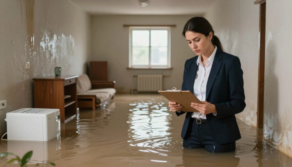 A flooded basement in a residential building, showcasing the aftermath of water damage. In the foreground, a concerned property manager in professional attire, examining the water levels while holding a clipboard, reflecting their responsibility. The middle ground includes water-soaked furniture, appliances partially submerged, and visible dampness on the walls, highlighting the urgency of the situation. In the background, soft light filters through a small window, illuminating the water's surface and creating a somber atmosphere. The room should have a realistic depiction of waterlogged items and structural damage, evoking a sense of urgency and accountability. The overall mood should convey the seriousness of the issue while emphasizing the role of management in addressing the problem. A flooded basement in a residential building, showcasing the aftermath of water damage. In the foreground, a concerned property manager in professional attire, examining the water levels while holding a clipboard, reflecting their responsibility. The middle ground includes water-soaked furniture, appliances partially submerged, and visible dampness on the walls, highlighting the urgency of the situation. In the background, soft light filters through a small window, illuminating the water's surface and creating a somber atmosphere. The room should have a realistic depiction of waterlogged items and structural damage, evoking a sense of urgency and accountability. The overall mood should convey the seriousness of the issue while emphasizing the role of management in addressing the problem.