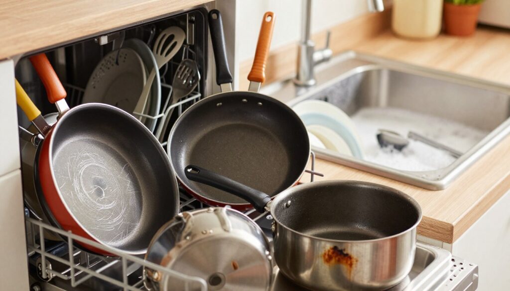 A kitchen scene featuring a variety of cookware, specifically focusing on problematic frying pans and pots that should not be washed in a dishwasher. In the foreground, showcase a selection of frying pans with scratched, non-stick surfaces and colored handles, including a stainless steel pot with a burnt bottom. The middle ground presents a cluttered dish drying rack filled with kitchen utensils, along with a soapy sink where a few delicate dishes are being hand-washed. The background features a well-lit kitchen setting with warm, inviting lighting, emphasizing an atmosphere of cooking and care. Use a soft focus on the background to highlight the cookware in the foreground, capturing the essence of everyday kitchen challenges. A kitchen scene featuring a variety of cookware, specifically focusing on problematic frying pans and pots that should not be washed in a dishwasher. In the foreground, showcase a selection of frying pans with scratched, non-stick surfaces and colored handles, including a stainless steel pot with a burnt bottom. The middle ground presents a cluttered dish drying rack filled with kitchen utensils, along with a soapy sink where a few delicate dishes are being hand-washed. The background features a well-lit kitchen setting with warm, inviting lighting, emphasizing an atmosphere of cooking and care. Use a soft focus on the background to highlight the cookware in the foreground, capturing the essence of everyday kitchen challenges.