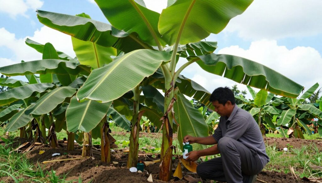A lush banana tree is depicted in a vibrant garden setting, showcasing its large, broad leaves and healthy growth. In the foreground, a gardener in casual clothing is kneeling, carefully applying organic fertilizer to the base of the banana tree, highlighting the importance of nourishment for optimal growth. The gardener is focused, emphasizing care and attention. In the middle ground, a row of well-established banana plants with rich, dark soil around them signifies a thriving environment. The background features a bright blue sky dotted with soft clouds, natural sunlight illuminating the scene, creating a warm and inviting atmosphere. The image captures a sense of growth, nurturing, and the vibrant energy of a tropical environment, all while ensuring a professional and educational tone. A lush banana tree is depicted in a vibrant garden setting, showcasing its large, broad leaves and healthy growth. In the foreground, a gardener in casual clothing is kneeling, carefully applying organic fertilizer to the base of the banana tree, highlighting the importance of nourishment for optimal growth. The gardener is focused, emphasizing care and attention. In the middle ground, a row of well-established banana plants with rich, dark soil around them signifies a thriving environment. The background features a bright blue sky dotted with soft clouds, natural sunlight illuminating the scene, creating a warm and inviting atmosphere. The image captures a sense of growth, nurturing, and the vibrant energy of a tropical environment, all while ensuring a professional and educational tone.