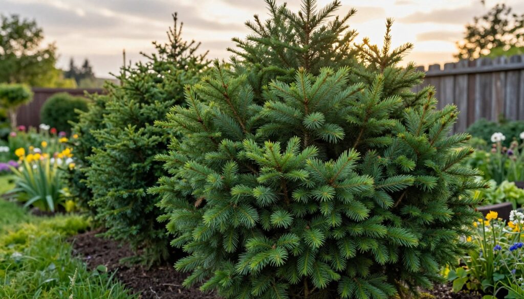 A lush, dense spruce hedge (świerk żywopłot) filling the foreground, showcasing an array of rich green needles glistening in the soft morning light. The middle ground features a well-maintained garden with soft soil and vibrant wildflowers peeking through the base of the hedge, while a rustic wooden fence is faintly visible as the background. The scene is illuminated by warm, golden sunlight filtering through gentle clouds, casting a peaceful glow over the entire composition. The atmosphere is serene and inviting, suggesting an ideal setting for a garden retreat. The perspective is slightly angled, emphasizing the intricate texture of the spruce foliage while capturing the lushness of the environment. A lush, dense spruce hedge (świerk żywopłot) filling the foreground, showcasing an array of rich green needles glistening in the soft morning light. The middle ground features a well-maintained garden with soft soil and vibrant wildflowers peeking through the base of the hedge, while a rustic wooden fence is faintly visible as the background. The scene is illuminated by warm, golden sunlight filtering through gentle clouds, casting a peaceful glow over the entire composition. The atmosphere is serene and inviting, suggesting an ideal setting for a garden retreat. The perspective is slightly angled, emphasizing the intricate texture of the spruce foliage while capturing the lushness of the environment.