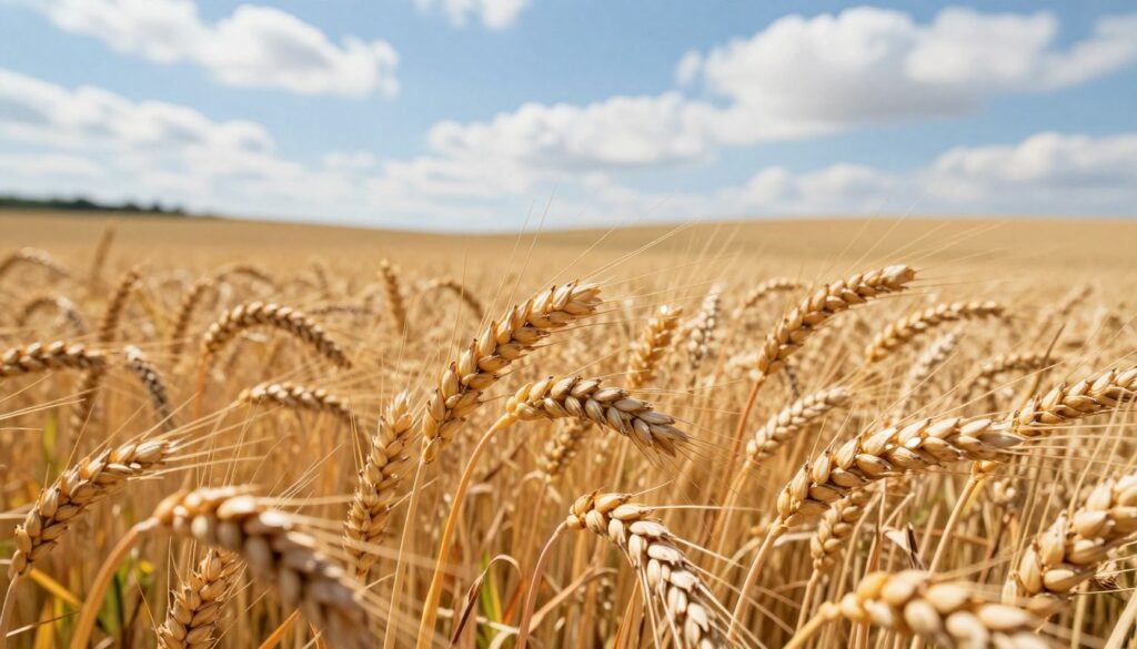 A lush field of gluten-containing grains, prominently featuring golden rye and wheat stalks swaying gently in the breeze. In the foreground, the wheat heads are close-up, highlighting their intricate details, with shimmering grains reflecting the sunlight. The middle ground transitions into a vibrant, expansive field dotted with clusters of ripening rye, under a bright blue sky with fluffy white clouds. The background showcases a soft, distant horizon where the field meets rolling hills, creating depth. The lighting is warm and inviting, evoking a sense of abundance. The overall mood conveys richness and the importance of gluten grains in everyday life, perfect for illustrating the topic of gluten-containing cereals in a daily diet. A lush field of gluten-containing grains, prominently featuring golden rye and wheat stalks swaying gently in the breeze. In the foreground, the wheat heads are close-up, highlighting their intricate details, with shimmering grains reflecting the sunlight. The middle ground transitions into a vibrant, expansive field dotted with clusters of ripening rye, under a bright blue sky with fluffy white clouds. The background showcases a soft, distant horizon where the field meets rolling hills, creating depth. The lighting is warm and inviting, evoking a sense of abundance. The overall mood conveys richness and the importance of gluten grains in everyday life, perfect for illustrating the topic of gluten-containing cereals in a daily diet.