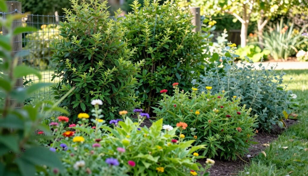 A lush garden scene featuring a variety of shrubs planted along a wire fence, showcasing the diversity of plant species. In the foreground, close-up details of vibrant green foliage and colorful flowers, highlighting healthy growth. In the middle ground, a mix of taller shrubs with dense leaves creating a natural screen, emphasizing their role in providing privacy. The background shows a sunny garden landscape with soft, diffused lighting casting gentle shadows, evoking a serene atmosphere. Captured from a low angle to accentuate the depth of the plantings and the fence, with a soft-focus effect on the background to draw attention to the shrubs. Ideal for conveying the harmony between nature and garden design. A lush garden scene featuring a variety of shrubs planted along a wire fence, showcasing the diversity of plant species. In the foreground, close-up details of vibrant green foliage and colorful flowers, highlighting healthy growth. In the middle ground, a mix of taller shrubs with dense leaves creating a natural screen, emphasizing their role in providing privacy. The background shows a sunny garden landscape with soft, diffused lighting casting gentle shadows, evoking a serene atmosphere. Captured from a low angle to accentuate the depth of the plantings and the fence, with a soft-focus effect on the background to draw attention to the shrubs. Ideal for conveying the harmony between nature and garden design.