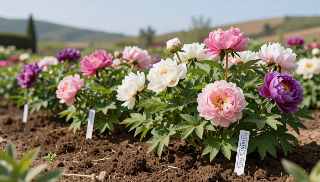 A lush garden scene illustrating optimal soil pH for perennials, emphasizing vibrant peonies in full bloom. In the foreground, richly textured, dark brown soil is seen, with soil pH indicators like litmus strips cautiously placed among the flowers. The middle ground showcases an array of peonies in varied shades of pink, white, and purple, with healthy green foliage providing contrast. The background features a softly blurred view of a sunny landscape with gentle hills under a bright blue sky. Warm, natural lighting bathes the scene, creating a hopeful and nurturing atmosphere. The image should evoke a sense of growth and vitality, focusing on the harmonious relationship between soil health and flowering plants. A lush garden scene illustrating optimal soil pH for perennials, emphasizing vibrant peonies in full bloom. In the foreground, richly textured, dark brown soil is seen, with soil pH indicators like litmus strips cautiously placed among the flowers. The middle ground showcases an array of peonies in varied shades of pink, white, and purple, with healthy green foliage providing contrast. The background features a softly blurred view of a sunny landscape with gentle hills under a bright blue sky. Warm, natural lighting bathes the scene, creating a hopeful and nurturing atmosphere. The image should evoke a sense of growth and vitality, focusing on the harmonious relationship between soil health and flowering plants.