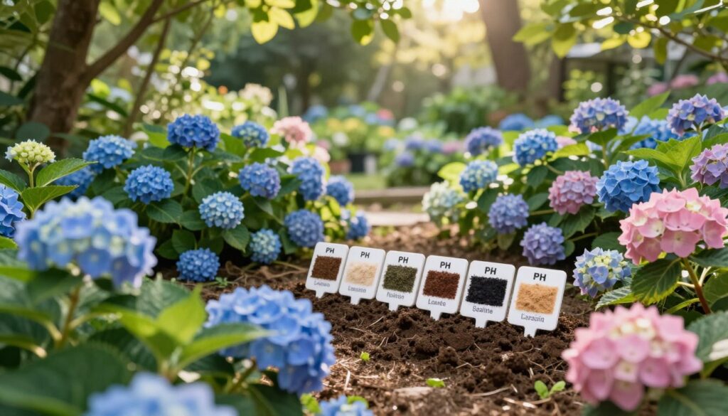 A lush garden scene showcasing various species of hydrangeas in full bloom, demonstrating their soil requirements for optimal growth. In the foreground, vibrant blue and pink hydrangea flowers are in sharp focus, with their leaves displaying signs of healthy foliage. The middle ground features a variety of soil samples, labeled and arranged neatly, highlighting differences in texture and color to indicate pH levels and nutrient content suitable for each species. In the background, a softly blurred garden landscape with dappled sunlight filtering through overhead leaves sets an inviting atmosphere. The scene is bathed in warm, natural light, creating a serene, educational ambiance that inspires viewers to appreciate the horticultural complexities of hydrangeas. Use a slight upward angle to emphasize the flowers while capturing the entirety of the garden setting. A lush garden scene showcasing various species of hydrangeas in full bloom, demonstrating their soil requirements for optimal growth. In the foreground, vibrant blue and pink hydrangea flowers are in sharp focus, with their leaves displaying signs of healthy foliage. The middle ground features a variety of soil samples, labeled and arranged neatly, highlighting differences in texture and color to indicate pH levels and nutrient content suitable for each species. In the background, a softly blurred garden landscape with dappled sunlight filtering through overhead leaves sets an inviting atmosphere. The scene is bathed in warm, natural light, creating a serene, educational ambiance that inspires viewers to appreciate the horticultural complexities of hydrangeas. Use a slight upward angle to emphasize the flowers while capturing the entirety of the garden setting.