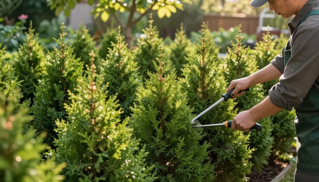 A lush green evergreen hedge of spruce trees, meticulously pruned and thriving, showcases healthy foliage. In the foreground, a gardener in professional attire is gently tending to the hedge, using gardening tools to shape and maintain the plants. The middle ground features rows of dense, vibrant spruce saplings, their rich green needles catching warm sunlight, emphasizing their vitality. In the background, a peaceful garden setting with soft, dappled light filtering through overhead branches creates a tranquil atmosphere. The scene captures the essence of careful maintenance and fertilization, highlighting the importance of nurturing these evergreens for optimal growth. The overall mood is serene and idyllic, evoking a sense of harmony with nature, with a focus on sustainability and health in gardening. A lush green evergreen hedge of spruce trees, meticulously pruned and thriving, showcases healthy foliage. In the foreground, a gardener in professional attire is gently tending to the hedge, using gardening tools to shape and maintain the plants. The middle ground features rows of dense, vibrant spruce saplings, their rich green needles catching warm sunlight, emphasizing their vitality. In the background, a peaceful garden setting with soft, dappled light filtering through overhead branches creates a tranquil atmosphere. The scene captures the essence of careful maintenance and fertilization, highlighting the importance of nurturing these evergreens for optimal growth. The overall mood is serene and idyllic, evoking a sense of harmony with nature, with a focus on sustainability and health in gardening.