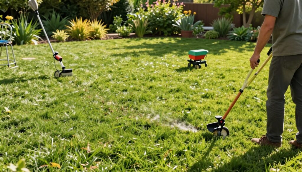 A lush green lawn being carefully seeded using various sowing techniques, showcasing an even and thick grass growth. In the foreground, a gardener in modest casual clothing is using a broadcast spreader, while scattered seeds glisten in the sunlight. The middle ground features different sowing techniques, such as hand sowing and using a seed drill, illustrating their effectiveness. The background includes a vibrant, well-maintained garden with healthy plants and trees casting gentle shadows. The setting is bathed in warm, natural sunlight, creating a bright and inviting atmosphere. The angle is slightly elevated, capturing the beauty and dedication in cultivating a healthy lawn that is resilient to drought. No text or watermarks are present. A lush green lawn being carefully seeded using various sowing techniques, showcasing an even and thick grass growth. In the foreground, a gardener in modest casual clothing is using a broadcast spreader, while scattered seeds glisten in the sunlight. The middle ground features different sowing techniques, such as hand sowing and using a seed drill, illustrating their effectiveness. The background includes a vibrant, well-maintained garden with healthy plants and trees casting gentle shadows. The setting is bathed in warm, natural sunlight, creating a bright and inviting atmosphere. The angle is slightly elevated, capturing the beauty and dedication in cultivating a healthy lawn that is resilient to drought. No text or watermarks are present.