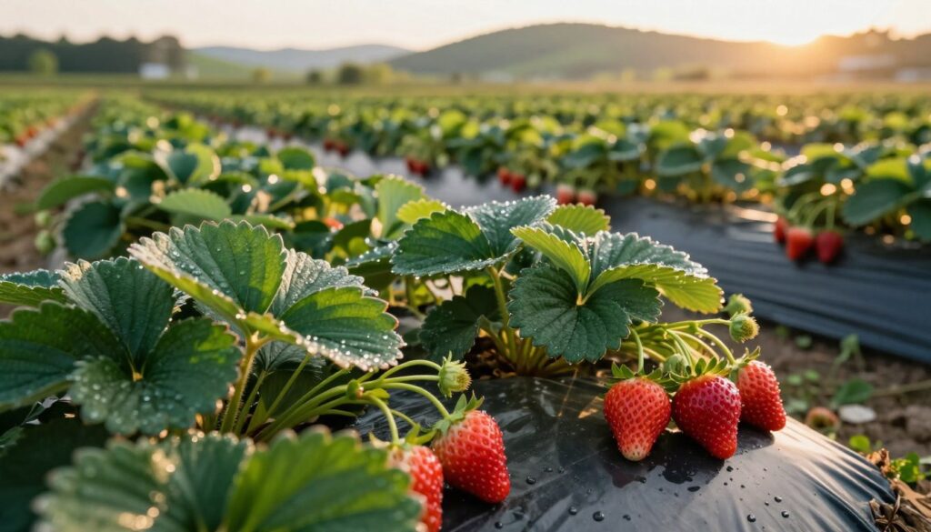 A lush strawberry field during the golden hour, showcasing ripe strawberries glistening with dew, emphasizing their vibrant red color against green foliage. In the foreground, healthy strawberry plants with broad, dark green leaves surround luscious fruit, highlighting optimal growing conditions. The middle ground features rows of meticulously tended strawberry beds, each filled with plump, juicy strawberries. The background presents a soft focus of rolling hills, bathed in warm sunlight, creating a serene and inviting atmosphere. The scene is illuminated by soft, golden sunlight, casting gentle shadows and enhancing the richness of the colors. A macro lens perspective captures the intricate details of the strawberries and leaves, evoking a sense of abundance and the ideal conditions for a fruitful harvest.