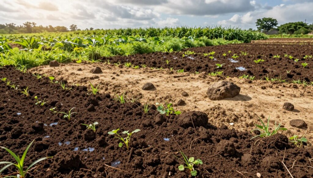A lush, verdant landscape showcasing various soil types, illustrating their impact on water flow. In the foreground, exhibit rich, dark loam soil speckled with small plants, meticulously arranged to highlight its moisture retention. The middle ground features sandy soil, with patches of dry earth and scattered rocks, indicating quick drainage. In the background, a gentle slope revealing clayey soil, heavy and compact, dotted with moisture-loving vegetation. Soft, natural sunlight filters through wispy clouds, casting gentle shadows and creating a warm, inviting atmosphere. The scene is captured from a low angle, emphasizing the textures of the soil and the transition between different soil types, reflecting the importance of terrain in irrigation practices. A lush, verdant landscape showcasing various soil types, illustrating their impact on water flow. In the foreground, exhibit rich, dark loam soil speckled with small plants, meticulously arranged to highlight its moisture retention. The middle ground features sandy soil, with patches of dry earth and scattered rocks, indicating quick drainage. In the background, a gentle slope revealing clayey soil, heavy and compact, dotted with moisture-loving vegetation. Soft, natural sunlight filters through wispy clouds, casting gentle shadows and creating a warm, inviting atmosphere. The scene is captured from a low angle, emphasizing the textures of the soil and the transition between different soil types, reflecting the importance of terrain in irrigation practices.