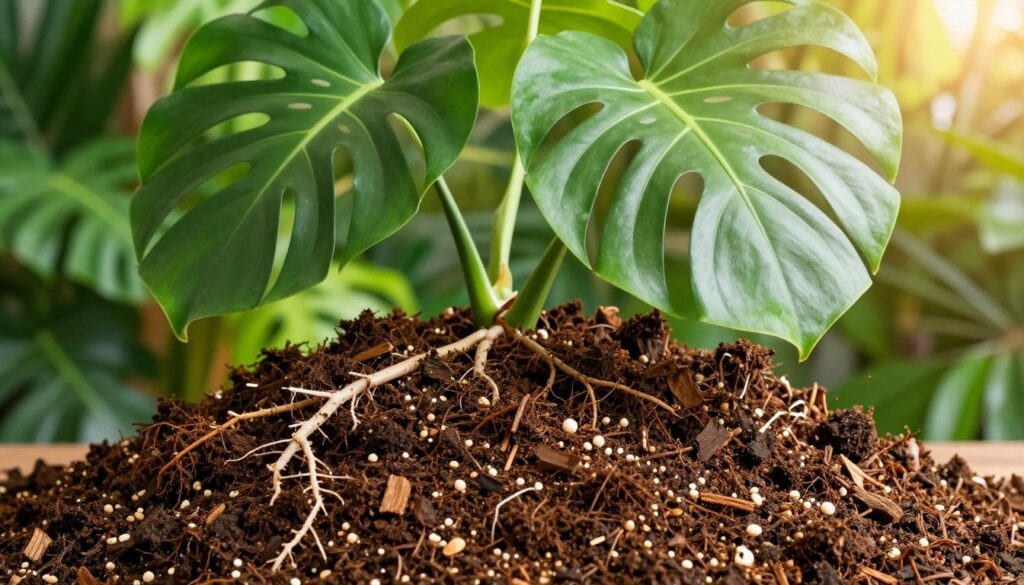 A lush, vibrant close-up of a rich, well-aerated potting mix ideal for Monstera plants. In the foreground, show a detailed view of the soil layers, featuring dark, organic compost mixed with coarse perlite and bark for optimal drainage. The middle ground should include a robust Monstera plant with large, glossy, fenestrated leaves, showcasing healthy roots emerging from the soil. The background should consist of a soft-focus tropical setting with green foliage, suggesting a warm, humid environment. The lighting should be bright and natural, with sunlight filtering through the leaves, creating a warm, inviting atmosphere. Capture the scene from a slight angle to emphasize the layers and textures of the soil and plant. A lush, vibrant close-up of a rich, well-aerated potting mix ideal for Monstera plants. In the foreground, show a detailed view of the soil layers, featuring dark, organic compost mixed with coarse perlite and bark for optimal drainage. The middle ground should include a robust Monstera plant with large, glossy, fenestrated leaves, showcasing healthy roots emerging from the soil. The background should consist of a soft-focus tropical setting with green foliage, suggesting a warm, humid environment. The lighting should be bright and natural, with sunlight filtering through the leaves, creating a warm, inviting atmosphere. Capture the scene from a slight angle to emphasize the layers and textures of the soil and plant.