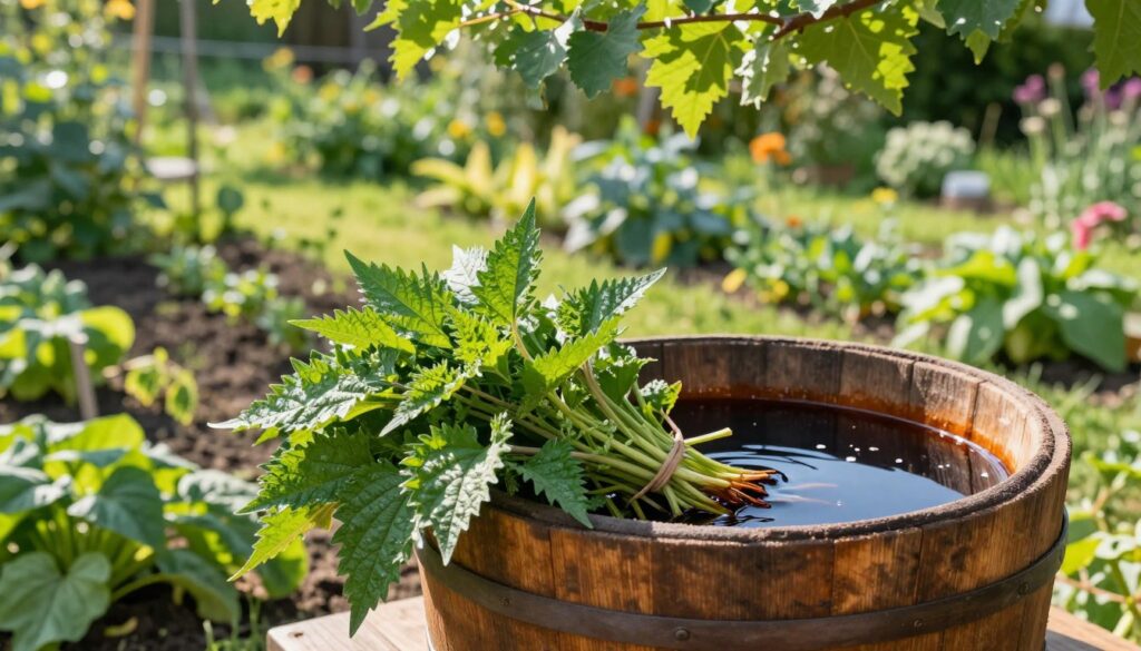 A lush, vibrant garden scene showcasing freshly harvested nettles, prominently displayed in a rustic wooden barrel filled with dark, rich liquid, representing the "gnojówka pokrzyw" (nettle manure). In the foreground, strong, green nettle leaves cascade around the barrel, glistening in the mid-morning sunlight. The middle ground features a well-tended garden with various vegetables thriving nearby, hinting at the organic benefits of the nettle infusion. Soft, dappled sunlight filters through leafy branches overhead, creating an atmosphere of tranquility and productivity. The background reveals a lush, green landscape, with hints of flowers and shrubs, enhancing the feeling of a nurturing garden environment. The overall mood is serene, inviting the viewer to reflect on the natural cycle of nurturing plants through organic methods. A lush, vibrant garden scene showcasing freshly harvested nettles, prominently displayed in a rustic wooden barrel filled with dark, rich liquid, representing the "gnojówka pokrzyw" (nettle manure). In the foreground, strong, green nettle leaves cascade around the barrel, glistening in the mid-morning sunlight. The middle ground features a well-tended garden with various vegetables thriving nearby, hinting at the organic benefits of the nettle infusion. Soft, dappled sunlight filters through leafy branches overhead, creating an atmosphere of tranquility and productivity. The background reveals a lush, green landscape, with hints of flowers and shrubs, enhancing the feeling of a nurturing garden environment. The overall mood is serene, inviting the viewer to reflect on the natural cycle of nurturing plants through organic methods.