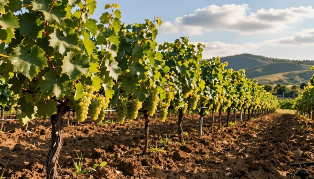 A lush vineyard scene showcasing "gleby winorośl", or vineyard soil, with vibrant green grapevines flourishing in the foreground, their leaves glistening under the warm sunlight. The soil, rich and dark, is subtly textured with hints of nutrients, illustrating optimal growing conditions. In the middle ground, clusters of grapes hang, plump and ripe, demonstrating the fruitful results of quality soil. The background features a serene landscape of rolling hills under a blue sky, with soft clouds drifting by. The lighting is warm and inviting, casting gentle shadows that enhance the soil's texture. The atmosphere is peaceful and idyllic, evoking the essence of a thriving vineyard. The image should have a realistic style, captured from a slightly elevated angle to provide depth. A lush vineyard scene showcasing "gleby winorośl", or vineyard soil, with vibrant green grapevines flourishing in the foreground, their leaves glistening under the warm sunlight. The soil, rich and dark, is subtly textured with hints of nutrients, illustrating optimal growing conditions. In the middle ground, clusters of grapes hang, plump and ripe, demonstrating the fruitful results of quality soil. The background features a serene landscape of rolling hills under a blue sky, with soft clouds drifting by. The lighting is warm and inviting, casting gentle shadows that enhance the soil's texture. The atmosphere is peaceful and idyllic, evoking the essence of a thriving vineyard. The image should have a realistic style, captured from a slightly elevated angle to provide depth.