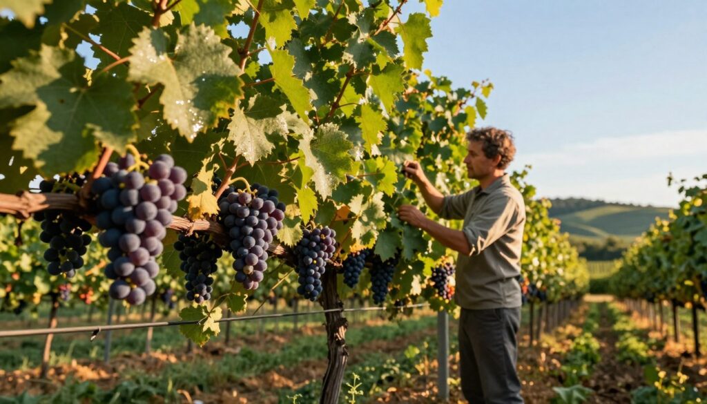 A lush vineyard scene showcasing robust grapevines, their green leaves glistening in the dappled sunlight filtering through the foliage. In the foreground, ripe clusters of dark purple grapes are hanging from strong, healthy shoots, illustrating vitality and potential for fruitfulness. In the middle ground, a gardener in modest casual clothing is carefully inspecting the plants for signs of pests or diseases, embodying diligent plant protection. The background features gently rolling hills dotted with more vineyards under a clear blue sky, creating a serene and productive atmosphere. The soft, golden light of early evening casts a warm glow over the scene, evoking a sense of care and dedication to agriculture. The perspective is slightly low to emphasize the vine's strength and the gardener's attentiveness, inviting viewers to appreciate the importance of plant health. A lush vineyard scene showcasing robust grapevines, their green leaves glistening in the dappled sunlight filtering through the foliage. In the foreground, ripe clusters of dark purple grapes are hanging from strong, healthy shoots, illustrating vitality and potential for fruitfulness. In the middle ground, a gardener in modest casual clothing is carefully inspecting the plants for signs of pests or diseases, embodying diligent plant protection. The background features gently rolling hills dotted with more vineyards under a clear blue sky, creating a serene and productive atmosphere. The soft, golden light of early evening casts a warm glow over the scene, evoking a sense of care and dedication to agriculture. The perspective is slightly low to emphasize the vine's strength and the gardener's attentiveness, inviting viewers to appreciate the importance of plant health.