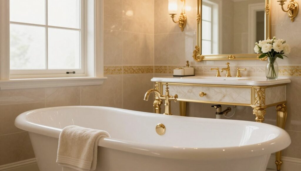 A luxurious bathroom scene that embodies classic elegance in a beige and gold color palette. In the foreground, a stylish, freestanding bathtub with gleaming gold accents and plush beige towels neatly arranged. The middle ground features an ornate vanity with a vintage mirror reflecting warm ambient lighting, highlighting subtle gold fixtures and decorative elements like a vase with fresh white flowers. The background showcases elegant tiles in soft beige hues with gold accents, and a beautifully framed window allowing soft natural light to fill the space, creating a serene and inviting atmosphere. The overall mood is calming and sophisticated, evoking luxury and comfort in a timeless setting. Ideal for showcasing the harmonious blend of beige and gold in a chic bathroom design. A luxurious bathroom scene that embodies classic elegance in a beige and gold color palette. In the foreground, a stylish, freestanding bathtub with gleaming gold accents and plush beige towels neatly arranged. The middle ground features an ornate vanity with a vintage mirror reflecting warm ambient lighting, highlighting subtle gold fixtures and decorative elements like a vase with fresh white flowers. The background showcases elegant tiles in soft beige hues with gold accents, and a beautifully framed window allowing soft natural light to fill the space, creating a serene and inviting atmosphere. The overall mood is calming and sophisticated, evoking luxury and comfort in a timeless setting. Ideal for showcasing the harmonious blend of beige and gold in a chic bathroom design.