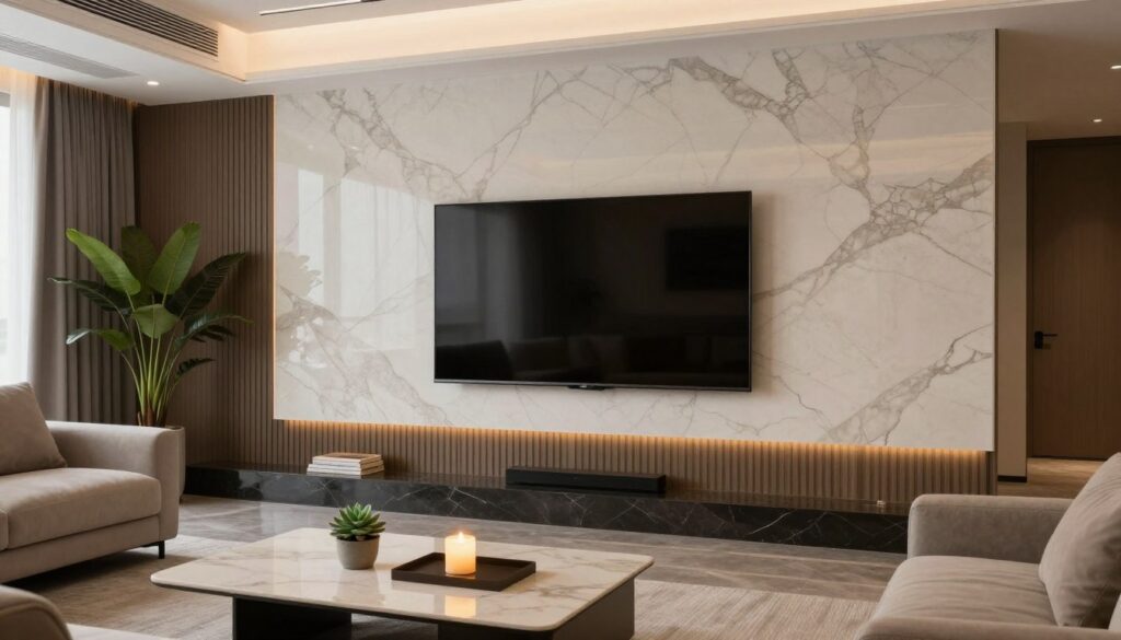 A luxurious living room featuring a stunning marble wall adorned with a sleek, modern flat-screen television. The foreground showcases an elegant coffee table with minimalist decor, like a small succulent and a softly glowing candle. In the middle, the marble wall exhibits intricate veining patterns, providing a striking backdrop for the TV, which is mounted seamlessly. Ambient lighting casts a warm glow, highlighting the textures of the marble and creating a cozy atmosphere. In the background, plush sofas in neutral tones complement the sophisticated style, while strategically placed indoor plants add a touch of nature. Capture the scene from a slightly elevated angle, emphasizing the harmony between the television and the marble, evoking a sense of contemporary luxury.