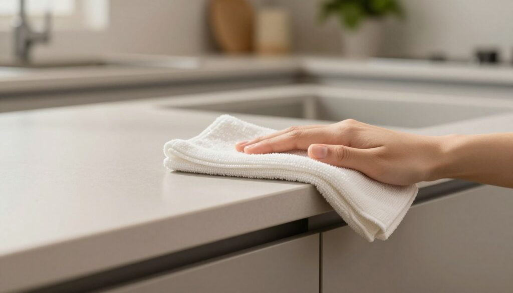 A microfiber cloth in a close-up view, gently wiping the surface of a matte kitchen cabinet. The foreground features the textured fibers of the cloth, glistening slightly in soft, natural light. The middle layer showcases a sleek, modern kitchen with matte-finished cabinetry, emphasizing the contemporary aesthetic. In the background, subtle hints of kitchen tools and fresh greenery add to the atmosphere, creating a tidy and inviting space. The lighting should be gentle and warm, casting a soft glow on the surface, enhancing the idea of cleanliness and care. The scene conveys a sense of freshness and meticulous attention to detail. A microfiber cloth in a close-up view, gently wiping the surface of a matte kitchen cabinet. The foreground features the textured fibers of the cloth, glistening slightly in soft, natural light. The middle layer showcases a sleek, modern kitchen with matte-finished cabinetry, emphasizing the contemporary aesthetic. In the background, subtle hints of kitchen tools and fresh greenery add to the atmosphere, creating a tidy and inviting space. The lighting should be gentle and warm, casting a soft glow on the surface, enhancing the idea of cleanliness and care. The scene conveys a sense of freshness and meticulous attention to detail.
