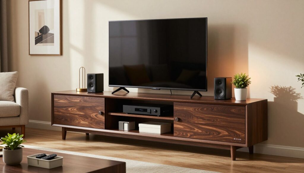 A modern RTV cabinet in a stylish living room setting. The cabinet is sleek, featuring dark wood with a high-gloss finish, showcasing an organized array of electronic devices such as a flat-screen TV, a sound system, and neatly arranged decorative items. In the foreground, showcase functional accessories like decorative boxes for remote controls and a small plant for a fresh touch. The middle ground includes the RTV cabinet, illuminated by soft, warm lighting from a nearby lamp, casting gentle shadows that emphasize the elegance of the furniture. In the background, a cozy sofa and minimalist artwork provide a welcoming atmosphere. The overall mood is sophisticated yet inviting, perfect for a media space designed for order and functionality.