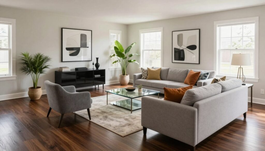 A modern, airy living room featuring dark hardwood floors balanced by light-colored walls. In the foreground, a stylish sofa in a soft gray fabric adorned with colorful throw pillows adds warmth. A sleek coffee table with a glass top reflects light, surrounded by a pair of contemporary armchairs. The middle ground includes tasteful wall art, showcasing abstract designs that harmonize with the room's color palette. Decorative plants in elegant pots introduce a touch of nature and softness. In the background, large windows allow natural light to flood the space, enhancing the atmosphere. The scene is bathed in soft, diffused lighting, creating a welcoming and calm mood that emphasizes the balance between walls and accessories in the design. The angle is slightly elevated, offering a comprehensive view of the room's layout and aesthetics. A modern, airy living room featuring dark hardwood floors balanced by light-colored walls. In the foreground, a stylish sofa in a soft gray fabric adorned with colorful throw pillows adds warmth. A sleek coffee table with a glass top reflects light, surrounded by a pair of contemporary armchairs. The middle ground includes tasteful wall art, showcasing abstract designs that harmonize with the room's color palette. Decorative plants in elegant pots introduce a touch of nature and softness. In the background, large windows allow natural light to flood the space, enhancing the atmosphere. The scene is bathed in soft, diffused lighting, creating a welcoming and calm mood that emphasizes the balance between walls and accessories in the design. The angle is slightly elevated, offering a comprehensive view of the room's layout and aesthetics.