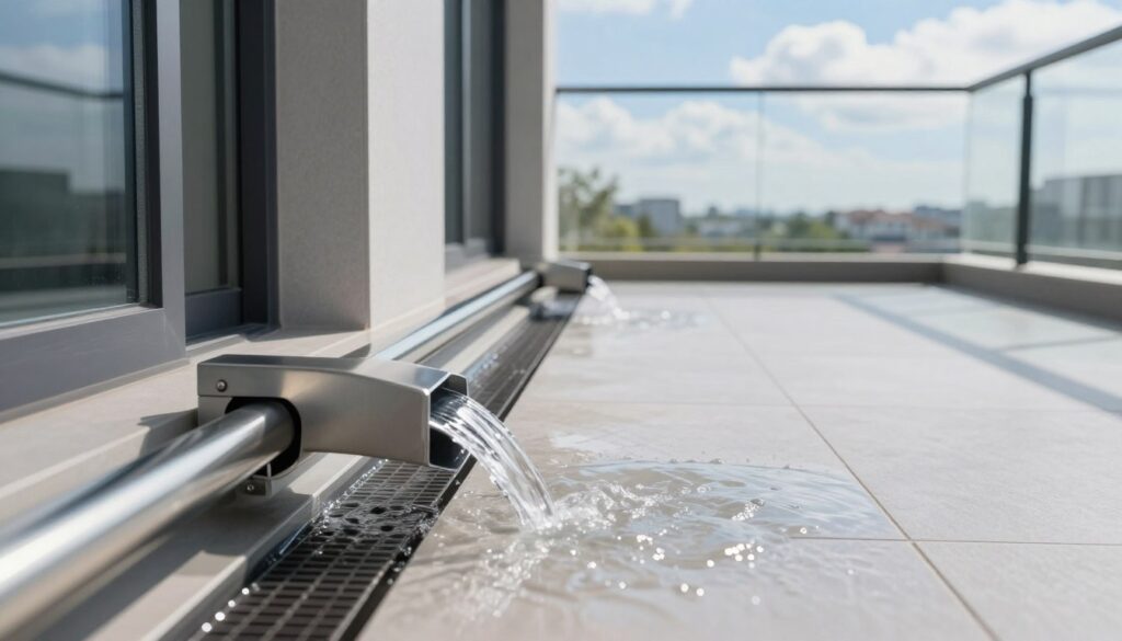 A modern balcony featuring a professional installation of rainwater drainage systems. In the foreground, showcase sleek, metallic drainage channels integrated into the edge of a stylish balcony, with water flowing into them. In the middle, highlight the balcony’s flooring made of elegant tiles or composite decking that showcases an effective slope for water runoff. The background should depict a serene urban landscape with light clouds in a bright blue sky, creating a clear and clean atmosphere. Use soft, natural lighting to emphasize the materials used and the engineering of the drainage system. Capture the scene at a slight angle to provide depth, focusing on the functionality and sleek design of the drainage solutions in an aesthetically pleasing environment. A modern balcony featuring a professional installation of rainwater drainage systems. In the foreground, showcase sleek, metallic drainage channels integrated into the edge of a stylish balcony, with water flowing into them. In the middle, highlight the balcony’s flooring made of elegant tiles or composite decking that showcases an effective slope for water runoff. The background should depict a serene urban landscape with light clouds in a bright blue sky, creating a clear and clean atmosphere. Use soft, natural lighting to emphasize the materials used and the engineering of the drainage system. Capture the scene at a slight angle to provide depth, focusing on the functionality and sleek design of the drainage solutions in an aesthetically pleasing environment.