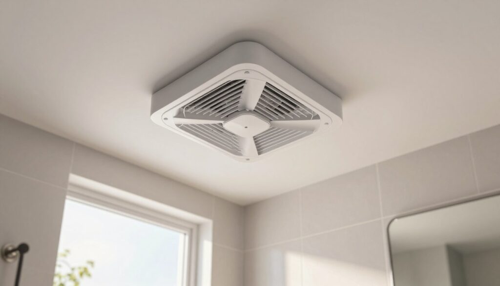 A modern bathroom environment featuring a sleek bathroom fan installed on the ceiling, showcasing its design elements. In the foreground, the fan blades are elegantly visible, hinting at their functionality. The middle ground highlights a partially tiled wall with a clean and fresh aesthetic, demonstrating appropriate ventilation setup. The background contains soft-focus details of bathroom fixtures like a mirror and sink, enhancing the space's overall ambiance. Natural daylight streams through a frosted window, giving a warm and inviting glow, while the camera angle is slightly tilted upward to emphasize the fan's installation above. This image should evoke a sense of professionalism and readiness, suited for guiding readers through the process of improving ventilation in a humid room. A modern bathroom environment featuring a sleek bathroom fan installed on the ceiling, showcasing its design elements. In the foreground, the fan blades are elegantly visible, hinting at their functionality. The middle ground highlights a partially tiled wall with a clean and fresh aesthetic, demonstrating appropriate ventilation setup. The background contains soft-focus details of bathroom fixtures like a mirror and sink, enhancing the space's overall ambiance. Natural daylight streams through a frosted window, giving a warm and inviting glow, while the camera angle is slightly tilted upward to emphasize the fan's installation above. This image should evoke a sense of professionalism and readiness, suited for guiding readers through the process of improving ventilation in a humid room.