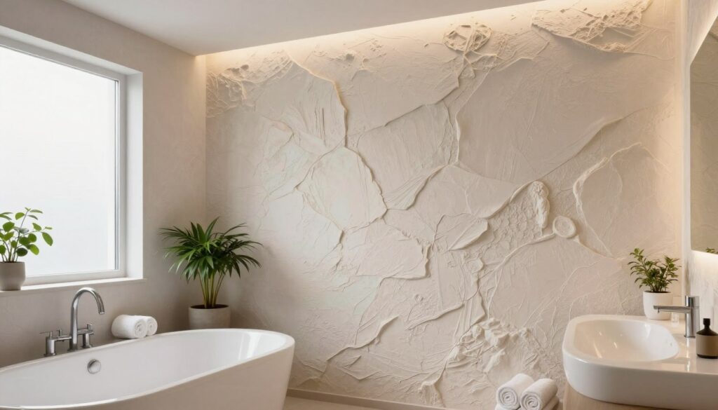 A modern bathroom interior featuring decorative plaster walls, showcasing a subtle texture and soft pastel colors. In the foreground, focus on a stylish bathtub and elegant sink, complemented by decorative elements like potted plants and rolled towels. The middle of the image highlights the intricately designed plaster walls that mimic natural stone, conveying a sense of luxury and tranquility. In the background, natural light filters through a frosted window, illuminating the space with a warm glow. Capture the overall atmosphere of a serene and contemporary bathroom, evoking a sense of relaxation and sophistication. Use a wide-angle lens to emphasize the spaciousness, and keep the lighting soft and inviting. No people in the scene, just a focus on the beautiful decorative plaster. A modern bathroom interior featuring decorative plaster walls, showcasing a subtle texture and soft pastel colors. In the foreground, focus on a stylish bathtub and elegant sink, complemented by decorative elements like potted plants and rolled towels. The middle of the image highlights the intricately designed plaster walls that mimic natural stone, conveying a sense of luxury and tranquility. In the background, natural light filters through a frosted window, illuminating the space with a warm glow. Capture the overall atmosphere of a serene and contemporary bathroom, evoking a sense of relaxation and sophistication. Use a wide-angle lens to emphasize the spaciousness, and keep the lighting soft and inviting. No people in the scene, just a focus on the beautiful decorative plaster.
