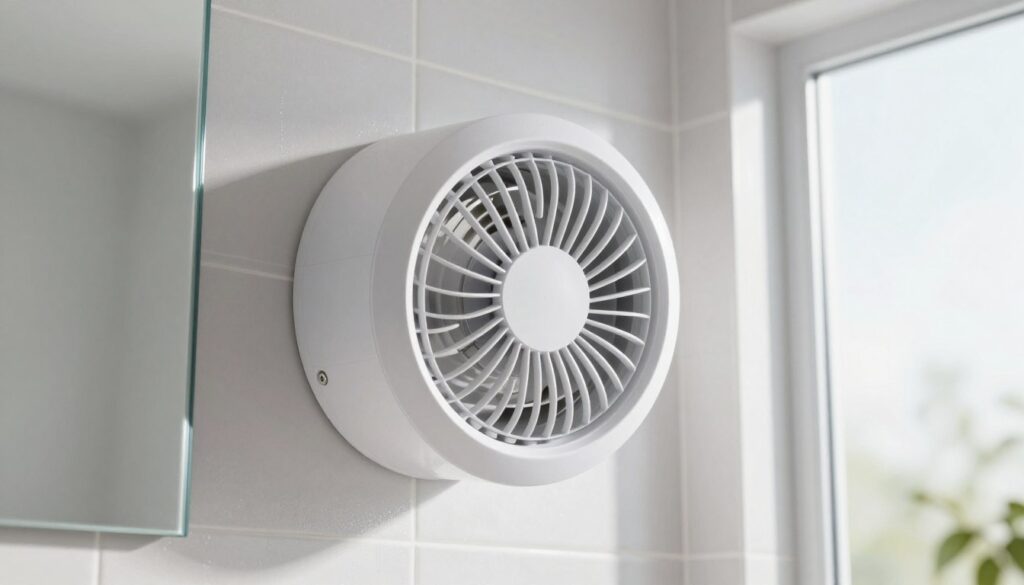 A modern bathroom setting featuring a sleek, wall-mounted exhaust fan, demonstrating proper installation. In the foreground, the fan is shown with clear details highlighting its design and ventilation features, such as the grille and housing. The middle ground includes tiled walls with a mirror and subtle moisture, showcasing the need for ventilation. The background features a frosted window allowing soft, natural light to filter in, creating a bright and clean atmosphere. The image should have a professional yet inviting mood, emphasizing safety and hygiene. The angle captures the fan in use, with a focus on its functionality, avoiding any human subjects or distractions. The lighting is bright but soft, enhancing the details of the fan without harsh shadows. A modern bathroom setting featuring a sleek, wall-mounted exhaust fan, demonstrating proper installation. In the foreground, the fan is shown with clear details highlighting its design and ventilation features, such as the grille and housing. The middle ground includes tiled walls with a mirror and subtle moisture, showcasing the need for ventilation. The background features a frosted window allowing soft, natural light to filter in, creating a bright and clean atmosphere. The image should have a professional yet inviting mood, emphasizing safety and hygiene. The angle captures the fan in use, with a focus on its functionality, avoiding any human subjects or distractions. The lighting is bright but soft, enhancing the details of the fan without harsh shadows.