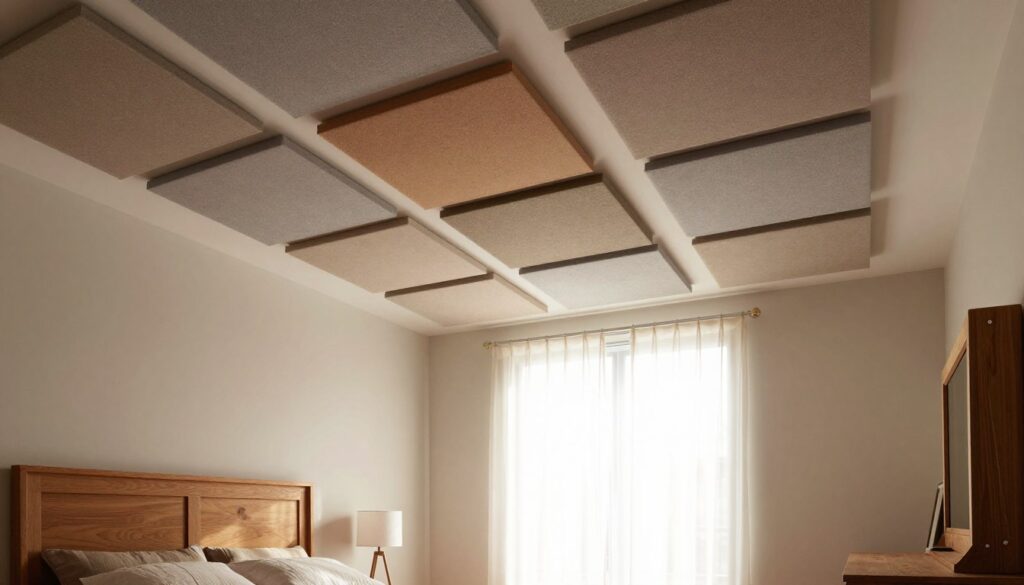 A modern bedroom showcasing acoustic ceiling panels designed for sound isolation and aesthetic appeal. In the foreground, elegant wooden furniture adds a touch of warmth, while the middle features creatively arranged soft acoustic panels in muted earth tones, seamlessly integrated into a stylish ceiling design. The background conveys a soft, serene atmosphere with diffused natural light pouring through large windows, illuminating the space with a gentle glow. The image should capture the essence of coziness and character, emphasizing the practical solutions provided by the acoustic elements. Use a wide-angle lens to highlight the spaciousness of the room and ensure a harmonious balance of colors and textures that evoke comfort and tranquility. A modern bedroom showcasing acoustic ceiling panels designed for sound isolation and aesthetic appeal. In the foreground, elegant wooden furniture adds a touch of warmth, while the middle features creatively arranged soft acoustic panels in muted earth tones, seamlessly integrated into a stylish ceiling design. The background conveys a soft, serene atmosphere with diffused natural light pouring through large windows, illuminating the space with a gentle glow. The image should capture the essence of coziness and character, emphasizing the practical solutions provided by the acoustic elements. Use a wide-angle lens to highlight the spaciousness of the room and ensure a harmonious balance of colors and textures that evoke comfort and tranquility.