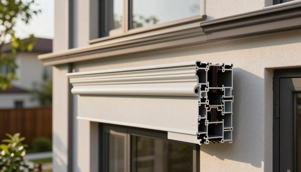 A modern exterior window profile showcases innovative design elements and elegant decorative moldings in a close-up view. In the foreground, detailed textures highlight the materials used in the profile, such as sleek aluminum or refined PVC, exhibiting a sleek finish and seamless integration with a wall. The middle ground features a beautifully crafted façade with complementary architectural features, emphasizing the modern aesthetic. The background includes a softly blurred residential setting, showcasing greenery and sunlight filtering through trees, creating a warm and inviting atmosphere. Natural lighting enhances the colors and textures, the scene is captured from a slightly elevated angle, providing a comprehensive view of the profile. The overall mood is professional, reflecting contemporary exterior renovations, integrating functionality with elegance. A modern exterior window profile showcases innovative design elements and elegant decorative moldings in a close-up view. In the foreground, detailed textures highlight the materials used in the profile, such as sleek aluminum or refined PVC, exhibiting a sleek finish and seamless integration with a wall. The middle ground features a beautifully crafted façade with complementary architectural features, emphasizing the modern aesthetic. The background includes a softly blurred residential setting, showcasing greenery and sunlight filtering through trees, creating a warm and inviting atmosphere. Natural lighting enhances the colors and textures, the scene is captured from a slightly elevated angle, providing a comprehensive view of the profile. The overall mood is professional, reflecting contemporary exterior renovations, integrating functionality with elegance.