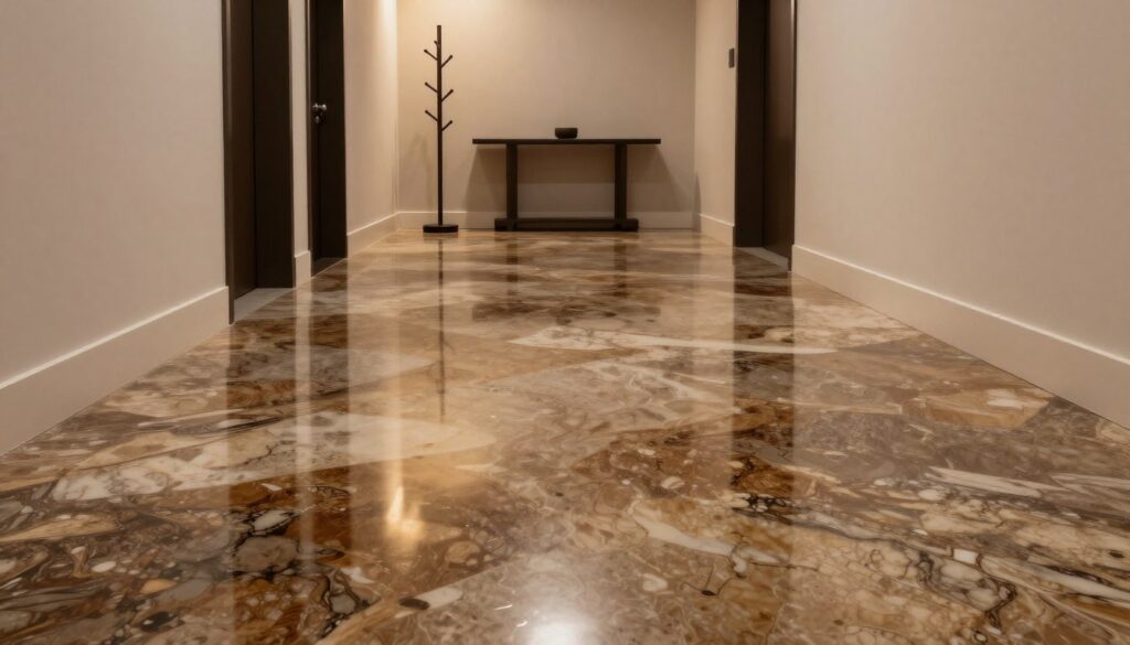 A modern hallway featuring an elegant epoxy resin floor, showcasing its glossy finish and seamless design. In the foreground, the floor is visually striking with a rich blend of earthy tones and abstract patterns, reflecting light beautifully. The middle ground presents a sleek entrance area with minimalist decor, including a stylish coat rack and a simple console table, enhancing the contemporary feel. In the background, a muted wall color complements the floor, enriched by soft ambient lighting that creates a warm and inviting atmosphere. The scene is captured from a low angle, emphasizing the expansive and open layout of the space. The overall mood conveys durability and elegance, ideal for an entryway designed to withstand wear and moisture. A modern hallway featuring an elegant epoxy resin floor, showcasing its glossy finish and seamless design. In the foreground, the floor is visually striking with a rich blend of earthy tones and abstract patterns, reflecting light beautifully. The middle ground presents a sleek entrance area with minimalist decor, including a stylish coat rack and a simple console table, enhancing the contemporary feel. In the background, a muted wall color complements the floor, enriched by soft ambient lighting that creates a warm and inviting atmosphere. The scene is captured from a low angle, emphasizing the expansive and open layout of the space. The overall mood conveys durability and elegance, ideal for an entryway designed to withstand wear and moisture.