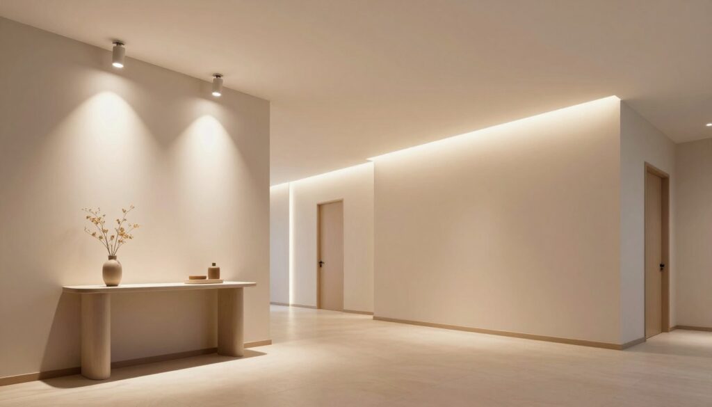 A modern hallway featuring both spot and linear lighting solutions. In the foreground, sleek, minimalist spotlights are mounted on the ceiling, casting focused beams of light onto a stylish console table adorned with decorative items. The middle ground showcases a series of elegant linear light fixtures running along the walls, enhancing the spatial depth and warmth of the space. The background boasts a soft, inviting color palette with light beige and pastel accents, complemented by subtle textures on the walls and flooring. The atmosphere is cozy and contemporary, emphasizing a bright and welcoming ambiance. The scene is captured with a wide-angle lens to provide a comprehensive view of the lighting design, ensuring a harmonious balance between light and shadow, with no text or watermarks. A modern hallway featuring both spot and linear lighting solutions. In the foreground, sleek, minimalist spotlights are mounted on the ceiling, casting focused beams of light onto a stylish console table adorned with decorative items. The middle ground showcases a series of elegant linear light fixtures running along the walls, enhancing the spatial depth and warmth of the space. The background boasts a soft, inviting color palette with light beige and pastel accents, complemented by subtle textures on the walls and flooring. The atmosphere is cozy and contemporary, emphasizing a bright and welcoming ambiance. The scene is captured with a wide-angle lens to provide a comprehensive view of the lighting design, ensuring a harmonious balance between light and shadow, with no text or watermarks.