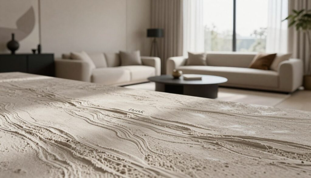 A modern interior room showcasing "tynk strukturalny" as the main feature, highlighting its textured, layered appearance and unique patterns. In the foreground, a close-up of the tynk’s surface reveals intricate details and variations in color, emphasizing its three-dimensional quality. The middle ground features a stylishly decorated living space with minimalist furniture, accentuating the tynk’s elegant contribution to the contemporary design. Soft, natural lighting floods in from a large window, creating gentle shadows that enhance the texture. The background is a subtle, neutral tone to keep focus on the decorative plaster. Capture a serene and sophisticated atmosphere, evoking a sense of modern luxury and artistry that complements the theme of decorative plasters in contemporary interiors. A modern interior room showcasing "tynk strukturalny" as the main feature, highlighting its textured, layered appearance and unique patterns. In the foreground, a close-up of the tynk’s surface reveals intricate details and variations in color, emphasizing its three-dimensional quality. The middle ground features a stylishly decorated living space with minimalist furniture, accentuating the tynk’s elegant contribution to the contemporary design. Soft, natural lighting floods in from a large window, creating gentle shadows that enhance the texture. The background is a subtle, neutral tone to keep focus on the decorative plaster. Capture a serene and sophisticated atmosphere, evoking a sense of modern luxury and artistry that complements the theme of decorative plasters in contemporary interiors.
