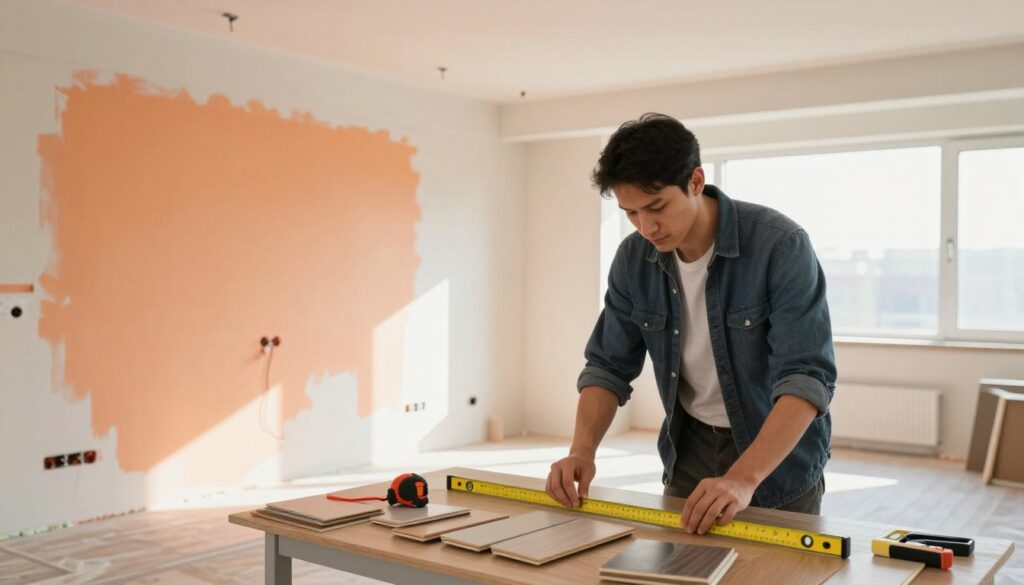 A modern interior scene showcasing the scope of renovation and finishing works in an apartment. In the foreground, a skilled professional in smart casual attire is carefully measuring and inspecting materials, surrounded by tools like a tape measure, level, and various flooring samples. The middle ground features partially completed walls with fresh paint, new light fixtures being installed, and visible exposed wiring for electrical work. In the background, a well-lit window allows natural sunlight to flood the space, enhancing the vibrant colors of freshly painted surfaces and polished floors. The overall atmosphere is focused and organized, conveying professionalism and attention to detail, with a warm, inviting ambiance created by soft, diffused lighting. A modern interior scene showcasing the scope of renovation and finishing works in an apartment. In the foreground, a skilled professional in smart casual attire is carefully measuring and inspecting materials, surrounded by tools like a tape measure, level, and various flooring samples. The middle ground features partially completed walls with fresh paint, new light fixtures being installed, and visible exposed wiring for electrical work. In the background, a well-lit window allows natural sunlight to flood the space, enhancing the vibrant colors of freshly painted surfaces and polished floors. The overall atmosphere is focused and organized, conveying professionalism and attention to detail, with a warm, inviting ambiance created by soft, diffused lighting.