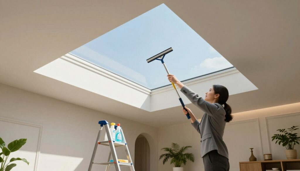 A modern interior scene showing a person cleaning a large skylight window from the inside. The person, dressed in a professional attire, is using a squeegee and a cleaning solution, beginning from the top of the window. The foreground features tools like a step ladder and cleaning supplies neatly arranged. In the middle, the focus is on the bright, expansive skylight with clear blue sky visible outside, emphasizing the importance of cleanliness. The background shows a light-filled, stylish room with elegant furniture and houseplants that enhance the cozy atmosphere. Soft, natural lighting filters through the skylight, creating a refreshing and uplifting mood. The angle is slightly elevated to capture the act of cleaning effectively, without any text or distractions. A modern interior scene showing a person cleaning a large skylight window from the inside. The person, dressed in a professional attire, is using a squeegee and a cleaning solution, beginning from the top of the window. The foreground features tools like a step ladder and cleaning supplies neatly arranged. In the middle, the focus is on the bright, expansive skylight with clear blue sky visible outside, emphasizing the importance of cleanliness. The background shows a light-filled, stylish room with elegant furniture and houseplants that enhance the cozy atmosphere. Soft, natural lighting filters through the skylight, creating a refreshing and uplifting mood. The angle is slightly elevated to capture the act of cleaning effectively, without any text or distractions.