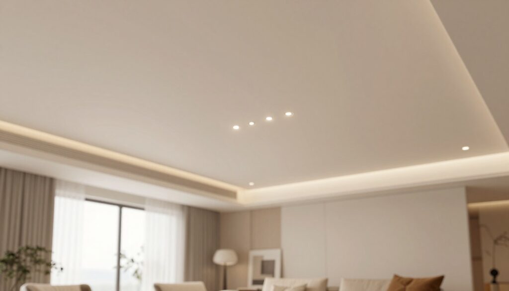 A modern interior showcasing a beautifully designed suspended ceiling, or "sufit podwieszany," in a stylish living room. The foreground features elegant lighting fixtures embedded in the ceiling, casting a warm glow on the space. The ceiling has a sleek, smooth finish with subtle curves, creating an inviting atmosphere. In the middle, a cozy seating area with contemporary furniture complements the sophisticated ceiling design. The background reveals a soft, neutral-colored wall with tasteful decor that enhances the overall aesthetic. Natural light filters through a nearby window, adding a serene ambiance. The scene conveys a sense of elegance and practicality, illustrating how suspended ceilings provide a lasting structural solution while enhancing interior design. A modern interior showcasing a beautifully designed suspended ceiling, or "sufit podwieszany," in a stylish living room. The foreground features elegant lighting fixtures embedded in the ceiling, casting a warm glow on the space. The ceiling has a sleek, smooth finish with subtle curves, creating an inviting atmosphere. In the middle, a cozy seating area with contemporary furniture complements the sophisticated ceiling design. The background reveals a soft, neutral-colored wall with tasteful decor that enhances the overall aesthetic. Natural light filters through a nearby window, adding a serene ambiance. The scene conveys a sense of elegance and practicality, illustrating how suspended ceilings provide a lasting structural solution while enhancing interior design.