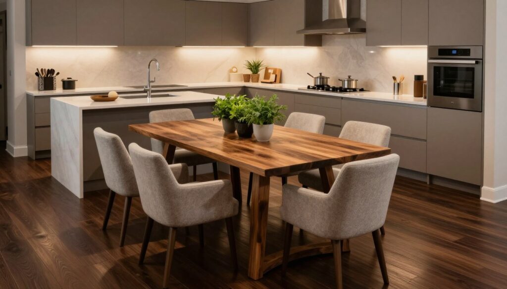 A modern kitchen featuring dark wooden flooring, illuminated by warm, ambient lighting. In the foreground, a stylish dining table made of reclaimed wood, surrounded by chic, upholstered chairs in soft neutral tones, creating a striking contrast with the floor. On the table, a tasteful centerpiece of fresh herbs in elegant planters adds a touch of greenery. In the middle ground, an island counter with sleek cabinetry in light hues contrasts with the darker floor, highlighting both functionality and sophistication. The background includes a stylish backsplash and sleek appliances, creating a seamless flow of design. The atmosphere is inviting and contemporary, showcasing how to blend practical and elegant furniture choices with a dark floor. The camera angle is slightly elevated, giving a wide view of the entire kitchen layout. A modern kitchen featuring dark wooden flooring, illuminated by warm, ambient lighting. In the foreground, a stylish dining table made of reclaimed wood, surrounded by chic, upholstered chairs in soft neutral tones, creating a striking contrast with the floor. On the table, a tasteful centerpiece of fresh herbs in elegant planters adds a touch of greenery. In the middle ground, an island counter with sleek cabinetry in light hues contrasts with the darker floor, highlighting both functionality and sophistication. The background includes a stylish backsplash and sleek appliances, creating a seamless flow of design. The atmosphere is inviting and contemporary, showcasing how to blend practical and elegant furniture choices with a dark floor. The camera angle is slightly elevated, giving a wide view of the entire kitchen layout.