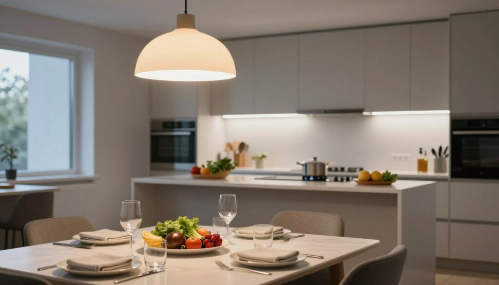 A modern kitchen interior showcasing a harmonious blend of warm and cool light sources, highlighting the importance of light color for comfort while cooking and dining. In the foreground, a well-set dining table adorned with fresh ingredients and elegant tableware, illuminated by a stylish pendant lamp casting a soft, adjustable warm white glow. In the middle, a spacious kitchen counter elegantly designed with sleek countertops and modern appliances, featuring under-cabinet LED lights that emit a crisp, cool white light for task lighting. In the background, a spacious kitchen layout with large windows allowing natural light to flood in, creating an inviting atmosphere. The overall mood is warm and inviting, emphasizing the balance between functionality and aesthetics to enhance the cooking experience. A modern kitchen interior showcasing a harmonious blend of warm and cool light sources, highlighting the importance of light color for comfort while cooking and dining. In the foreground, a well-set dining table adorned with fresh ingredients and elegant tableware, illuminated by a stylish pendant lamp casting a soft, adjustable warm white glow. In the middle, a spacious kitchen counter elegantly designed with sleek countertops and modern appliances, featuring under-cabinet LED lights that emit a crisp, cool white light for task lighting. In the background, a spacious kitchen layout with large windows allowing natural light to flood in, creating an inviting atmosphere. The overall mood is warm and inviting, emphasizing the balance between functionality and aesthetics to enhance the cooking experience.