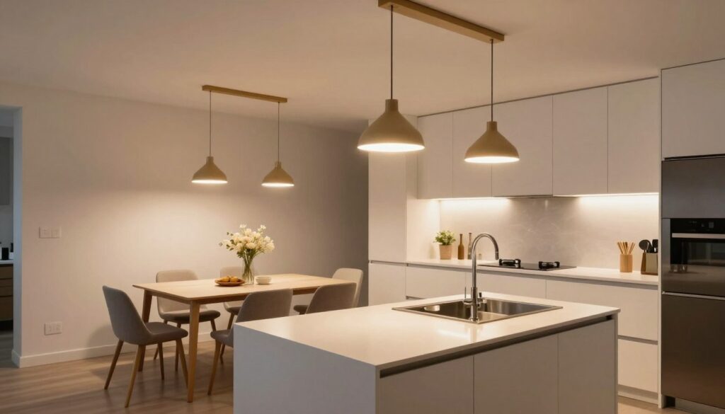 A modern kitchen interior showcasing distinct functional lighting zones. In the foreground, a sleek kitchen island illuminated by warm pendant lights hanging from a stylish ceiling fixture, highlighting a smooth countertop. In the middle ground, a dining table with elegant overhead lighting casting a soft glow, surrounded by minimalist dining chairs. The background features ambient wall lighting that enhances the overall atmosphere, with a tasteful backsplash and cabinetry. The scene is captured from a slightly elevated angle to provide depth, emphasizing the organization of the spaces. The color palette is inviting, using warm whites and soft earthy tones to create a cozy, welcoming ambiance, perfect for cooking and dining. A modern kitchen interior showcasing distinct functional lighting zones. In the foreground, a sleek kitchen island illuminated by warm pendant lights hanging from a stylish ceiling fixture, highlighting a smooth countertop. In the middle ground, a dining table with elegant overhead lighting casting a soft glow, surrounded by minimalist dining chairs. The background features ambient wall lighting that enhances the overall atmosphere, with a tasteful backsplash and cabinetry. The scene is captured from a slightly elevated angle to provide depth, emphasizing the organization of the spaces. The color palette is inviting, using warm whites and soft earthy tones to create a cozy, welcoming ambiance, perfect for cooking and dining.