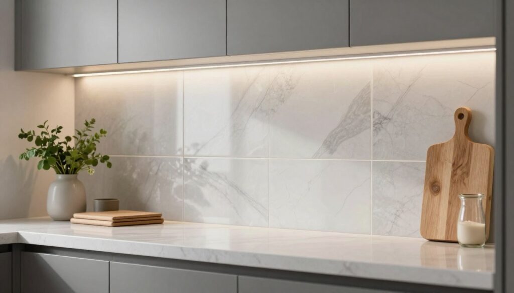 A modern kitchen scene featuring elegant ceramic tiles above a sleek countertop. The tiles should exhibit a sophisticated design, incorporating shades of white, gray, and subtle textures that reflect light beautifully. In the foreground, showcase the smooth surface of the countertop, complemented by stylish kitchen accessories like a vase of fresh herbs and a neatly arranged cutting board. The middle ground should include the ceramic tiles in focus, highlighting their seamless installation and timeless appeal. In the background, softly blurred kitchen cabinetry and warm ambient lighting create a cozy atmosphere. The image should evoke a sense of functional beauty, suitable for inspiring kitchen decor choices. Use a soft, natural lighting effect to enhance the overall warmth and elegance of the scene. A modern kitchen scene featuring elegant ceramic tiles above a sleek countertop. The tiles should exhibit a sophisticated design, incorporating shades of white, gray, and subtle textures that reflect light beautifully. In the foreground, showcase the smooth surface of the countertop, complemented by stylish kitchen accessories like a vase of fresh herbs and a neatly arranged cutting board. The middle ground should include the ceramic tiles in focus, highlighting their seamless installation and timeless appeal. In the background, softly blurred kitchen cabinetry and warm ambient lighting create a cozy atmosphere. The image should evoke a sense of functional beauty, suitable for inspiring kitchen decor choices. Use a soft, natural lighting effect to enhance the overall warmth and elegance of the scene.