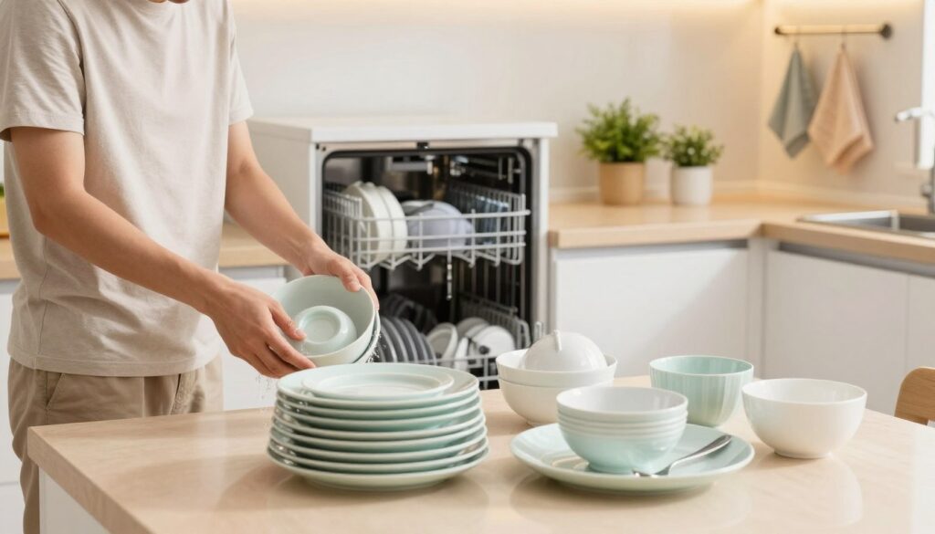 A modern kitchen scene focusing on the essential principles of dish preparation for a dishwasher. In the foreground, an organized countertop displays various clean and dirty dishes, with a stack of plates, bowls, and utensils prominently featured. A person in modest casual attire, demonstrating proper techniques for rinsing and loading dishes, stands on the left, engaged in the task with a focused expression. In the middle ground, an open dishwasher reveals neatly arranged dishes inside, emphasizing optimal loading practices. The background shows a clean, well-lit kitchen environment with warm lighting, a few potted plants, and neatly hung dish towels. The atmosphere conveys a sense of cleanliness, efficiency, and practicality, ideal for a guide on safe dishwashing methods. A modern kitchen scene focusing on the essential principles of dish preparation for a dishwasher. In the foreground, an organized countertop displays various clean and dirty dishes, with a stack of plates, bowls, and utensils prominently featured. A person in modest casual attire, demonstrating proper techniques for rinsing and loading dishes, stands on the left, engaged in the task with a focused expression. In the middle ground, an open dishwasher reveals neatly arranged dishes inside, emphasizing optimal loading practices. The background shows a clean, well-lit kitchen environment with warm lighting, a few potted plants, and neatly hung dish towels. The atmosphere conveys a sense of cleanliness, efficiency, and practicality, ideal for a guide on safe dishwashing methods.