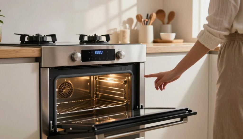 A modern kitchen scene showcasing a sleek, high-tech oven in the foreground, with automatic cleaning features emphasized. The oven door is partially open, revealing a pristine interior. In the middle, a person in a smart casual outfit operates a control panel, selecting the self-cleaning function. Light reflects off stainless steel surfaces and the gentle glow of the oven's digital display enhances the atmosphere. The background features organized kitchen elements like utensils and a cozy ambiance created by warm, natural lighting filtering in from a nearby window. The overall mood is one of efficiency and modernity, highlighting the convenience of automatic cleaning functions in contemporary ovens. A modern kitchen scene showcasing a sleek, high-tech oven in the foreground, with automatic cleaning features emphasized. The oven door is partially open, revealing a pristine interior. In the middle, a person in a smart casual outfit operates a control panel, selecting the self-cleaning function. Light reflects off stainless steel surfaces and the gentle glow of the oven's digital display enhances the atmosphere. The background features organized kitchen elements like utensils and a cozy ambiance created by warm, natural lighting filtering in from a nearby window. The overall mood is one of efficiency and modernity, highlighting the convenience of automatic cleaning functions in contemporary ovens.