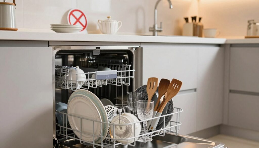 A modern kitchen setting featuring a sleek, stainless steel dishwasher, partially open, revealing its interior filled with various types of dishes and kitchen utensils. In the foreground, focus on an array of dishware, such as ornate ceramic plates, wooden cooking utensils, and delicate glassware, all delicately arranged to highlight items that should not be washed in a dishwasher. The middle ground should show a kitchen countertop with a couple of instructional items, like a crossed-out symbol over a broken dish, suggesting caution. The background includes kitchen cabinets with a subtle warm glow from under-cabinet lighting, creating an inviting atmosphere. The overall mood is educational and informative, with a clean and organized aesthetic. The angle of the shot is slightly tilted for a dynamic view, showcasing both the dishwasher and the adjacent countertop space. A modern kitchen setting featuring a sleek, stainless steel dishwasher, partially open, revealing its interior filled with various types of dishes and kitchen utensils. In the foreground, focus on an array of dishware, such as ornate ceramic plates, wooden cooking utensils, and delicate glassware, all delicately arranged to highlight items that should not be washed in a dishwasher. The middle ground should show a kitchen countertop with a couple of instructional items, like a crossed-out symbol over a broken dish, suggesting caution. The background includes kitchen cabinets with a subtle warm glow from under-cabinet lighting, creating an inviting atmosphere. The overall mood is educational and informative, with a clean and organized aesthetic. The angle of the shot is slightly tilted for a dynamic view, showcasing both the dishwasher and the adjacent countertop space.