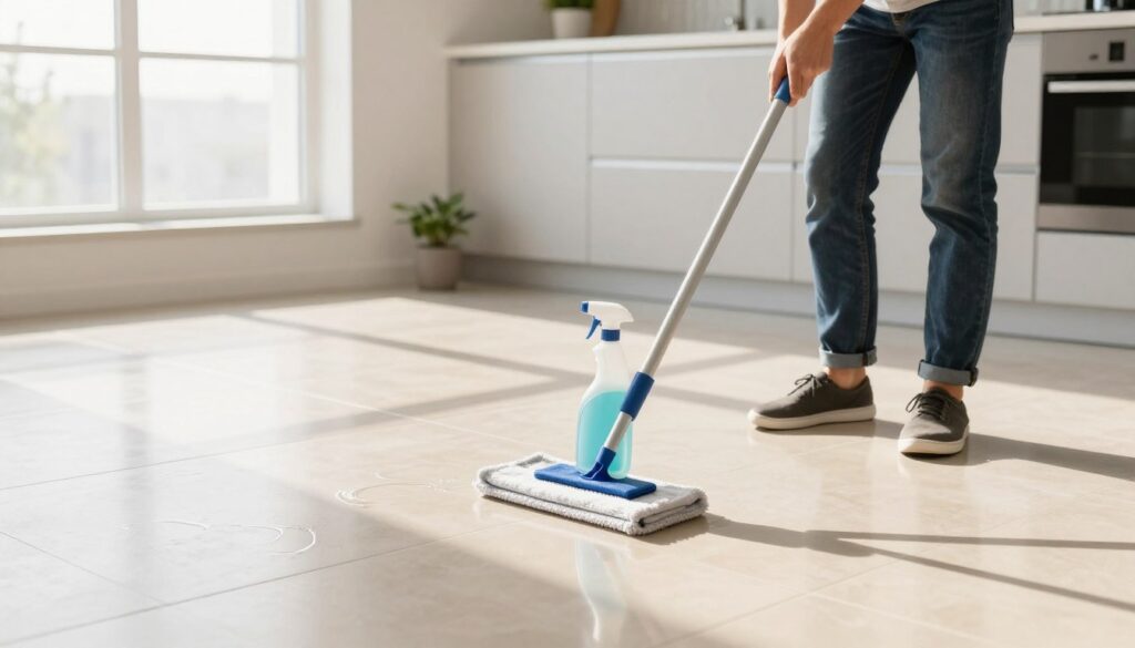 A modern kitchen with matte floor tiles being cleaned. In the foreground, a professional cleaner, dressed in smart casual attire, is using a microfiber mop and eco-friendly cleaning solution on the tiles. The middle ground showcases the shiny, spotless tiles reflecting warm, natural light coming from a nearby window. The background features minimalist kitchen cabinets and a small potted plant on the countertop, enhancing the fresh and organized atmosphere. The image captures the action of cleaning with a focus on the smooth, glossy finish of the tiles, emphasizing the effectiveness of the cleaning method in preventing streaks. The overall mood is bright, clean, and inviting, conveying a sense of accomplishment and cleanliness. A modern kitchen with matte floor tiles being cleaned. In the foreground, a professional cleaner, dressed in smart casual attire, is using a microfiber mop and eco-friendly cleaning solution on the tiles. The middle ground showcases the shiny, spotless tiles reflecting warm, natural light coming from a nearby window. The background features minimalist kitchen cabinets and a small potted plant on the countertop, enhancing the fresh and organized atmosphere. The image captures the action of cleaning with a focus on the smooth, glossy finish of the tiles, emphasizing the effectiveness of the cleaning method in preventing streaks. The overall mood is bright, clean, and inviting, conveying a sense of accomplishment and cleanliness.