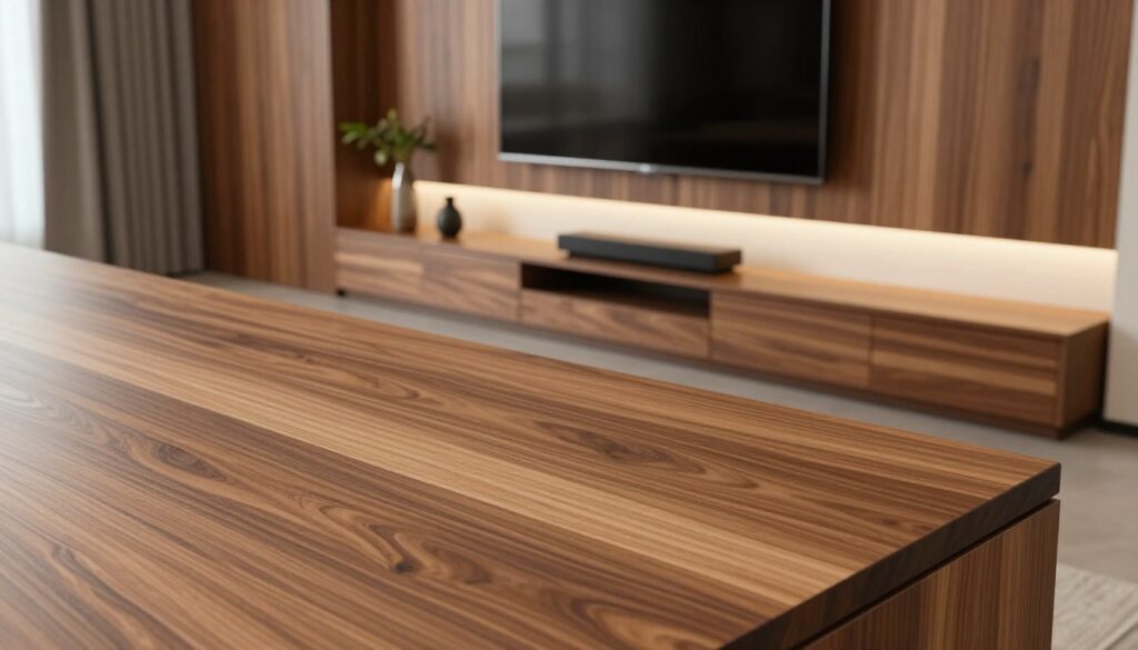 A modern living room featuring a sleek, elegantly designed entertainment wall unit made of high-quality wooden boards. In the foreground, showcase a polished surface of furniture-grade board with a smooth finish, highlighting the natural wood grain and rich color variations. The middle ground displays the stylish TV unit integrated into the wall, harmonizing with minimalist decor, including tastefully arranged decorative items and plants. In the background, soft ambient lighting creates a warm atmosphere, emphasizing the craftsmanship of the materials. The angle should be slightly elevated, capturing depth and inviting viewers into the space. The overall mood conveys sophistication and comfort, ideal for a contemporary home. A modern living room featuring a sleek, elegantly designed entertainment wall unit made of high-quality wooden boards. In the foreground, showcase a polished surface of furniture-grade board with a smooth finish, highlighting the natural wood grain and rich color variations. The middle ground displays the stylish TV unit integrated into the wall, harmonizing with minimalist decor, including tastefully arranged decorative items and plants. In the background, soft ambient lighting creates a warm atmosphere, emphasizing the craftsmanship of the materials. The angle should be slightly elevated, capturing depth and inviting viewers into the space. The overall mood conveys sophistication and comfort, ideal for a contemporary home.