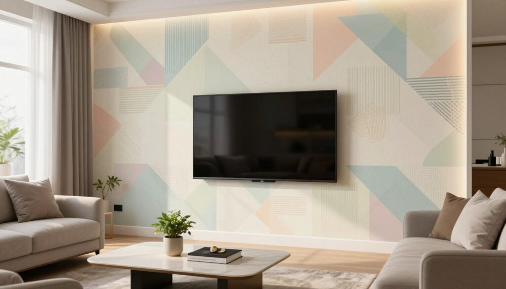 A modern living room featuring a stylish flat-screen television mounted on a wall, highlighted by an artistic wallpaper design that complements the screen. The wallpaper features geometric patterns in soft pastel colors, enhancing the focal point of the TV. In the foreground, a sleek coffee table holds minimalistic decor elements like a small plant and a decorative book. The middle ground includes a comfortable sofa, adorned with plush cushions, inviting relaxation. The background is softly lit with warm ambient lighting, creating a cozy atmosphere. A large window lets in natural light, casting gentle shadows that add depth to the scene. The overall mood is chic and contemporary, showcasing how wallpaper can elevate the aesthetic of a wall-mounted television.