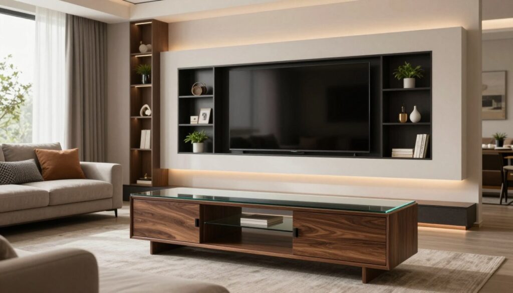 A modern living room featuring custom-built furniture designed specifically for a television. In the foreground, a sleek, minimalistic TV stand made of dark wood and glass, with soft lighting accentuating its elegance. In the middle, a large flat-screen TV mounted on an accent wall, framed by stylish shelves displaying decorative items and plants. The background showcases a cozy seating area with plush sofas and warm textile elements, bathed in natural light coming from a nearby window. The atmosphere is inviting and sophisticated, with neutral color tones and understated decor that harmonize with the TV setup, creating a perfect balance between functionality and aesthetics. A modern living room featuring custom-built furniture designed specifically for a television. In the foreground, a sleek, minimalistic TV stand made of dark wood and glass, with soft lighting accentuating its elegance. In the middle, a large flat-screen TV mounted on an accent wall, framed by stylish shelves displaying decorative items and plants. The background showcases a cozy seating area with plush sofas and warm textile elements, bathed in natural light coming from a nearby window. The atmosphere is inviting and sophisticated, with neutral color tones and understated decor that harmonize with the TV setup, creating a perfect balance between functionality and aesthetics.